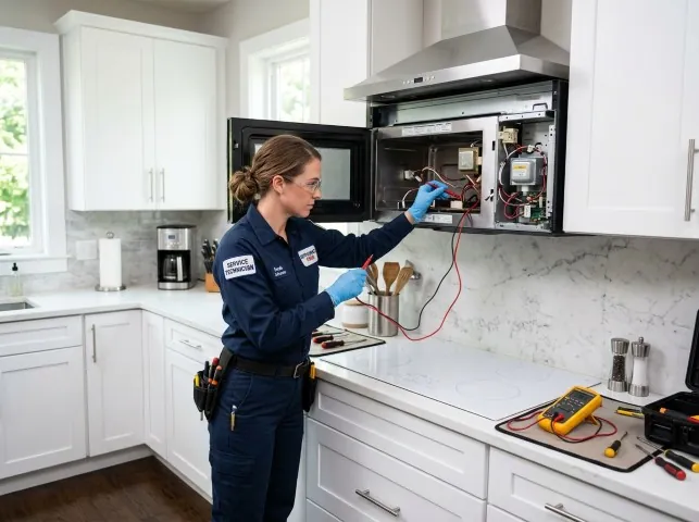 Appliance Repair Hero technician testing an over-the-range microwave in a Atalissa, IA kitchen